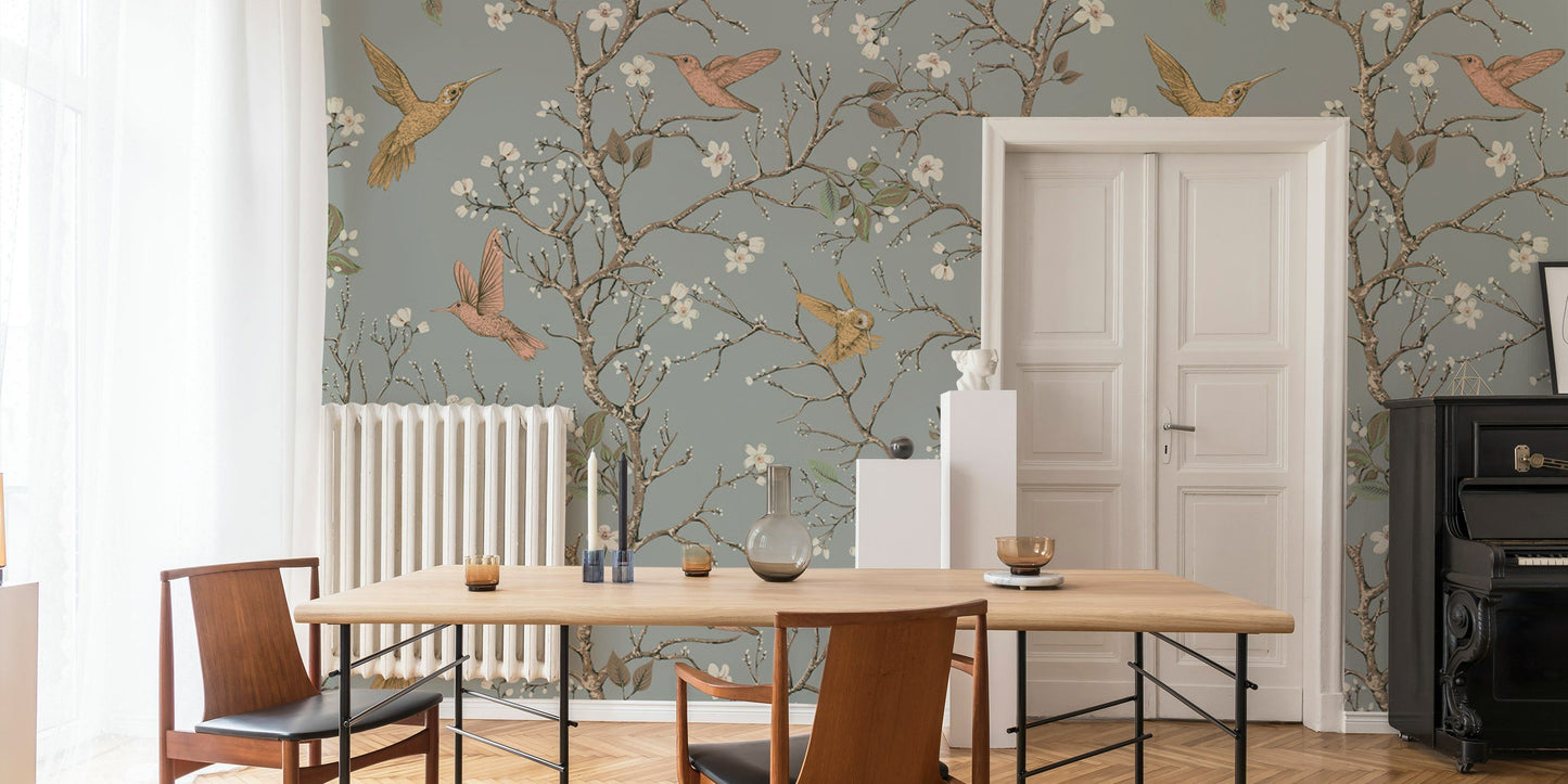 Hummingbirds Flowers Chinoiserie Wallpaper