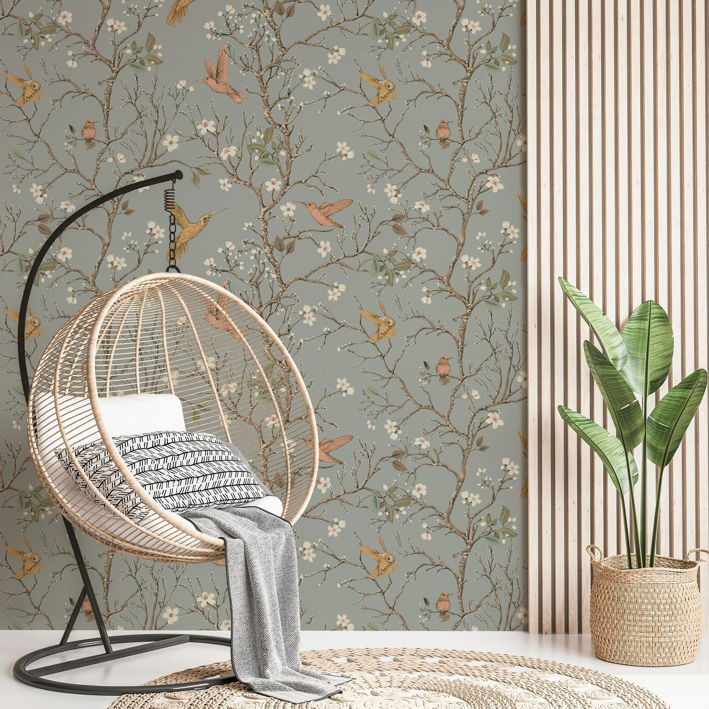 Hummingbirds Flowers Chinoiserie Wallpaper