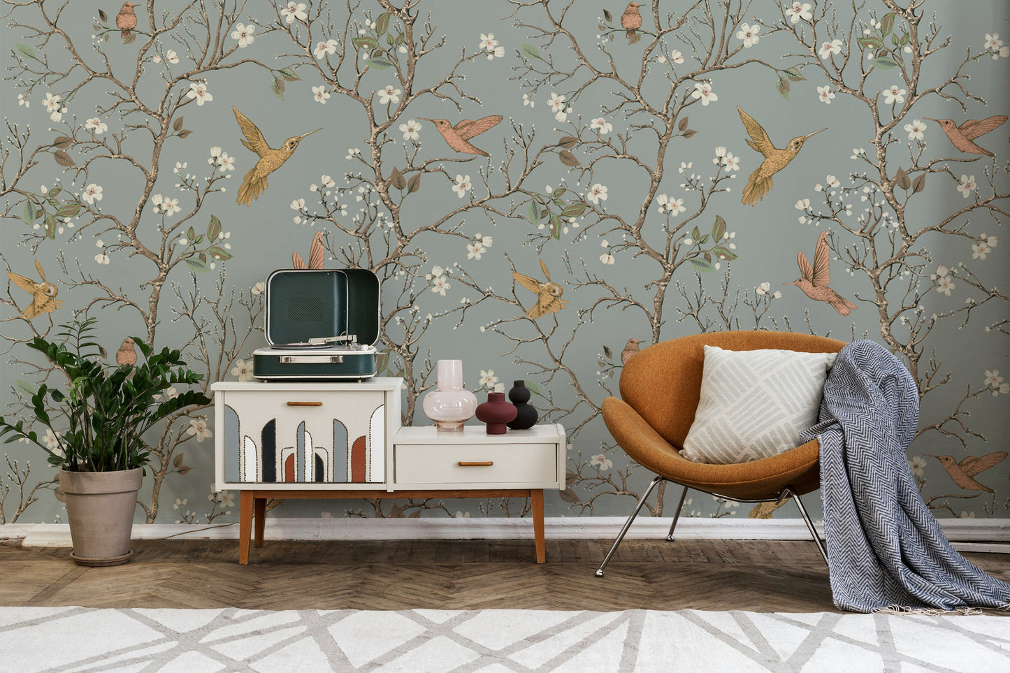 Hummingbirds Flowers Chinoiserie Wallpaper