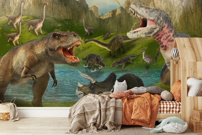 Vibrant Green Dinosaur Jungle Wall Mural