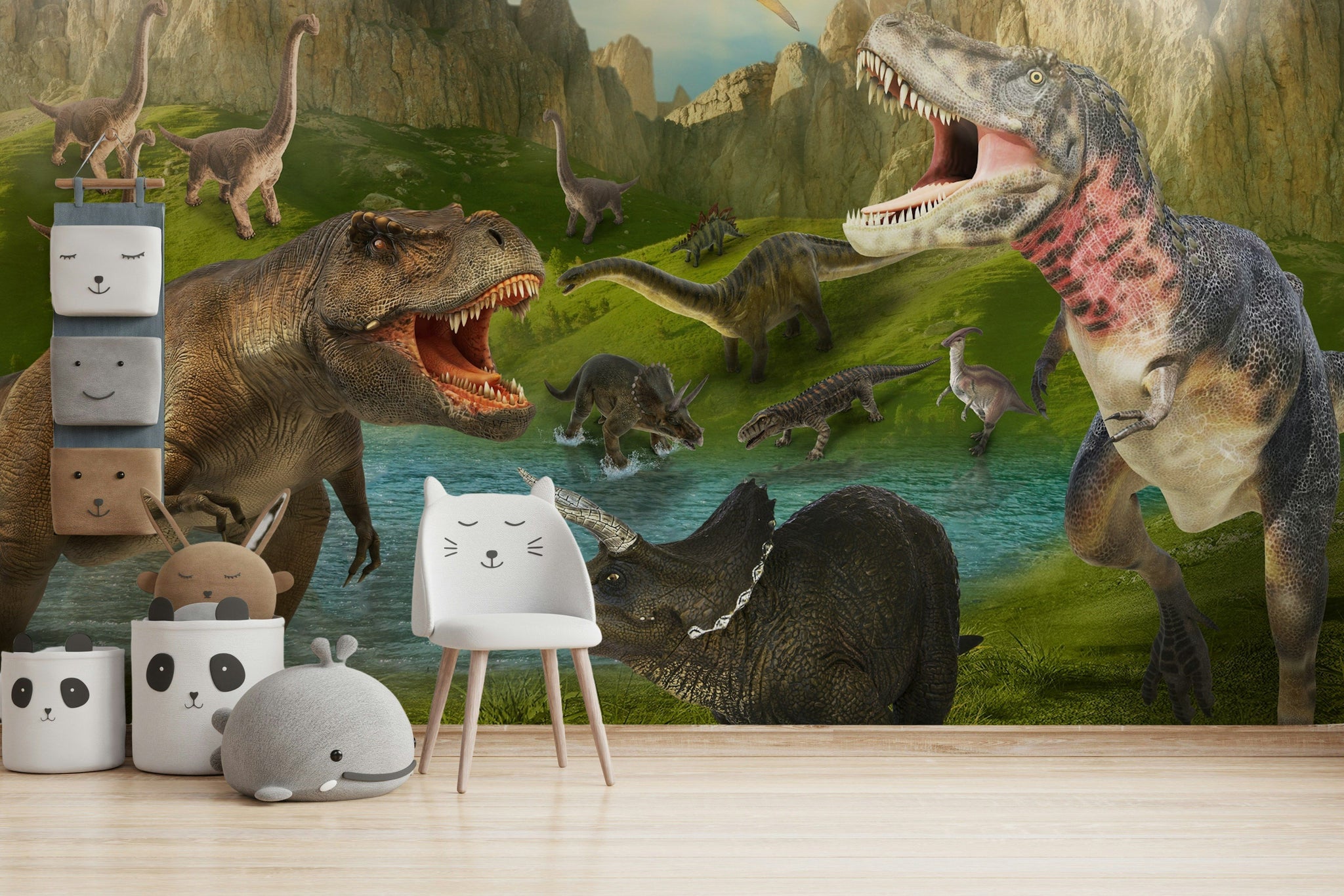 Vibrant Green Dinosaur Jungle Wall Mural