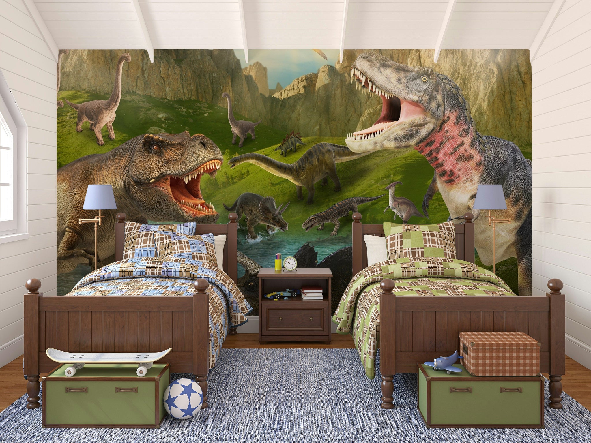 Vibrant Green Dinosaur Jungle Wall Mural