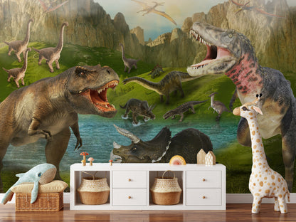 Vibrant Green Dinosaur Jungle Wall Mural