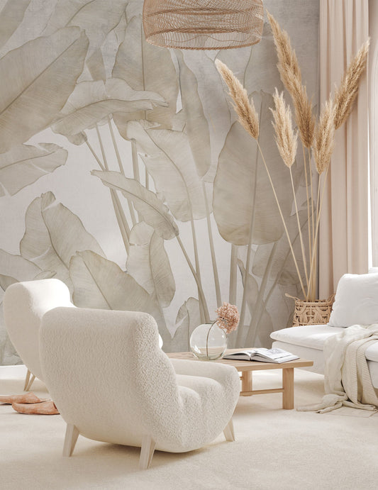 Neutral Leafy Green Wallpaper Subtle Foliage Wall Mural