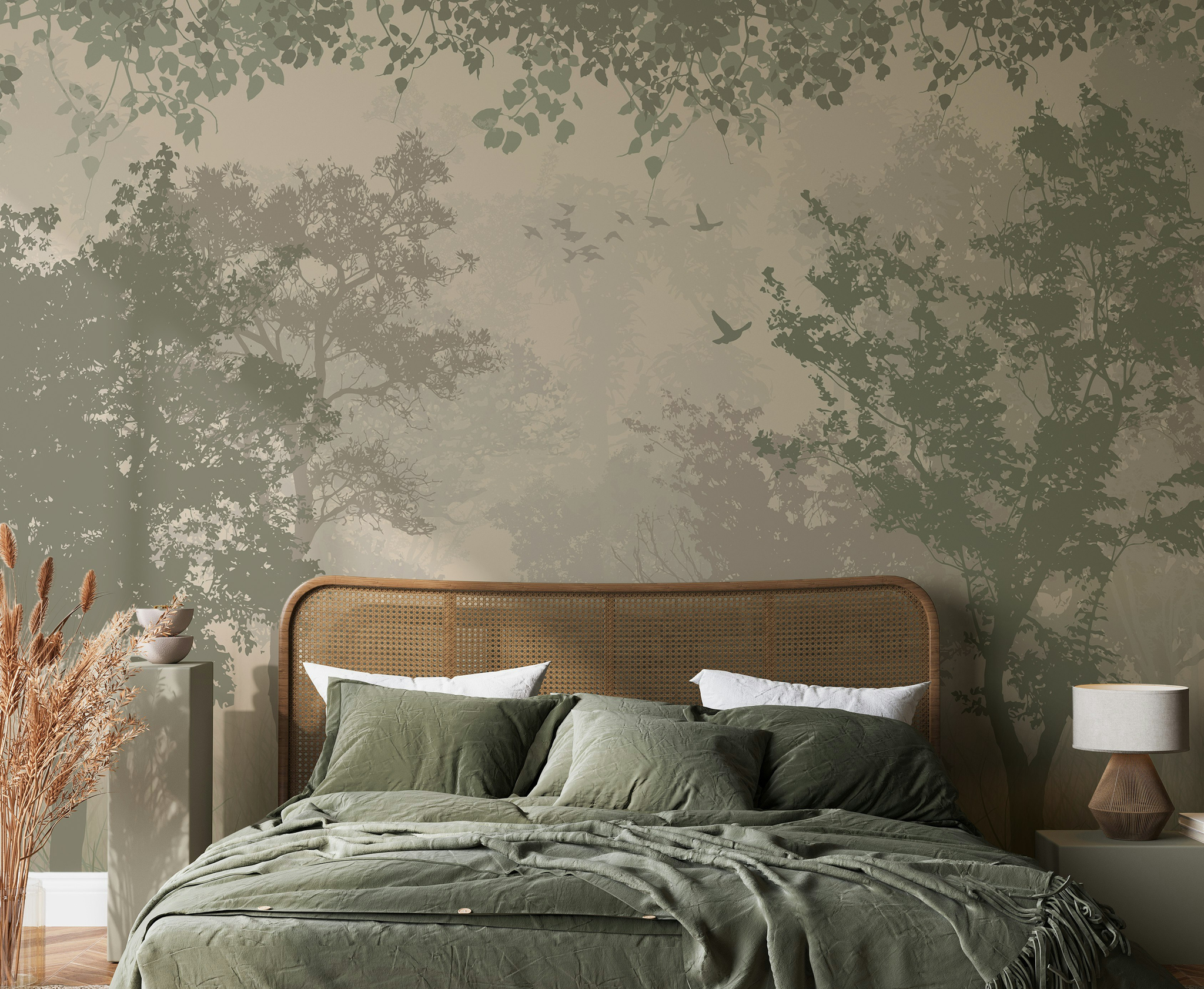Misty Forest Wallpaper Tree Silhouettes Neutral Wall Mural