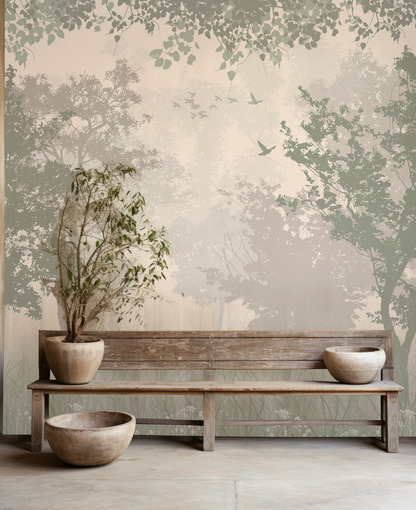 Misty Forest Wallpaper Tree Silhouettes Neutral Wall Mural