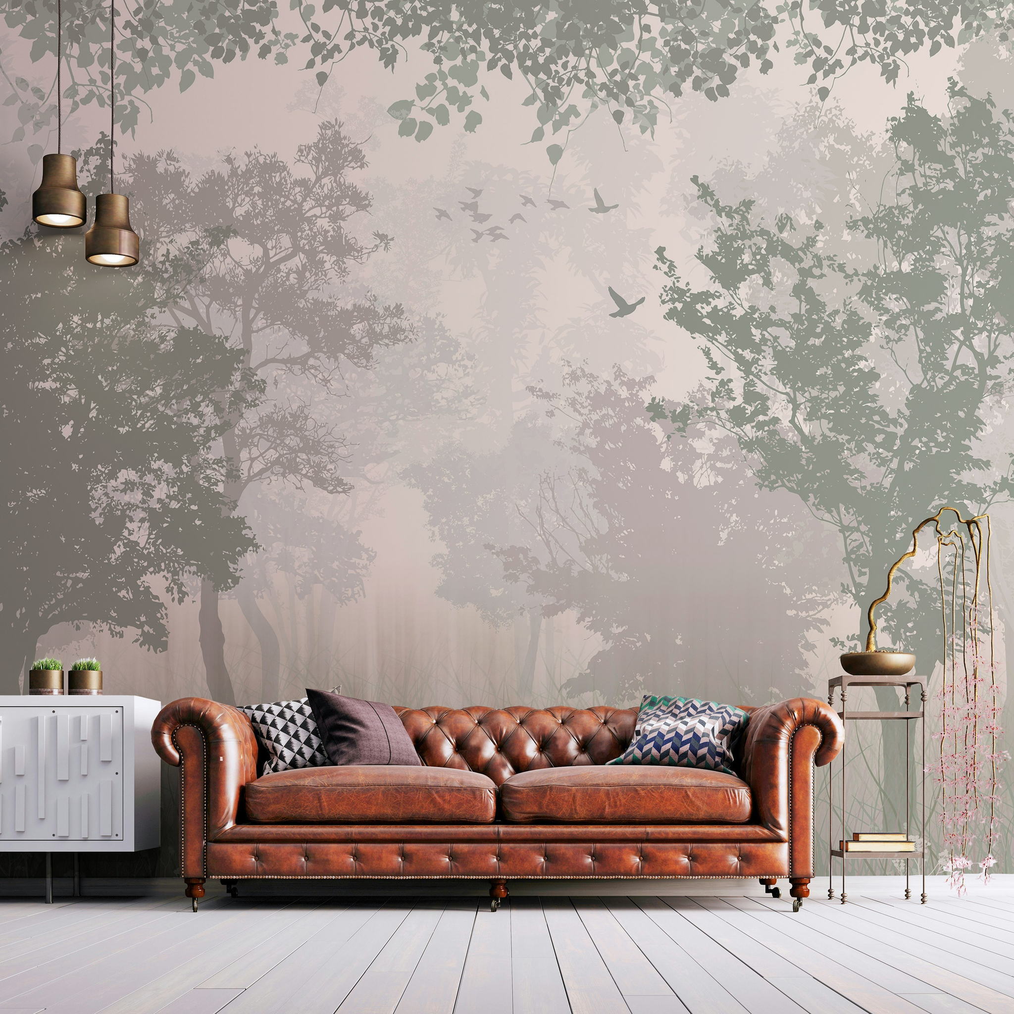 Misty Forest Wallpaper Tree Silhouettes Neutral Wall Mural