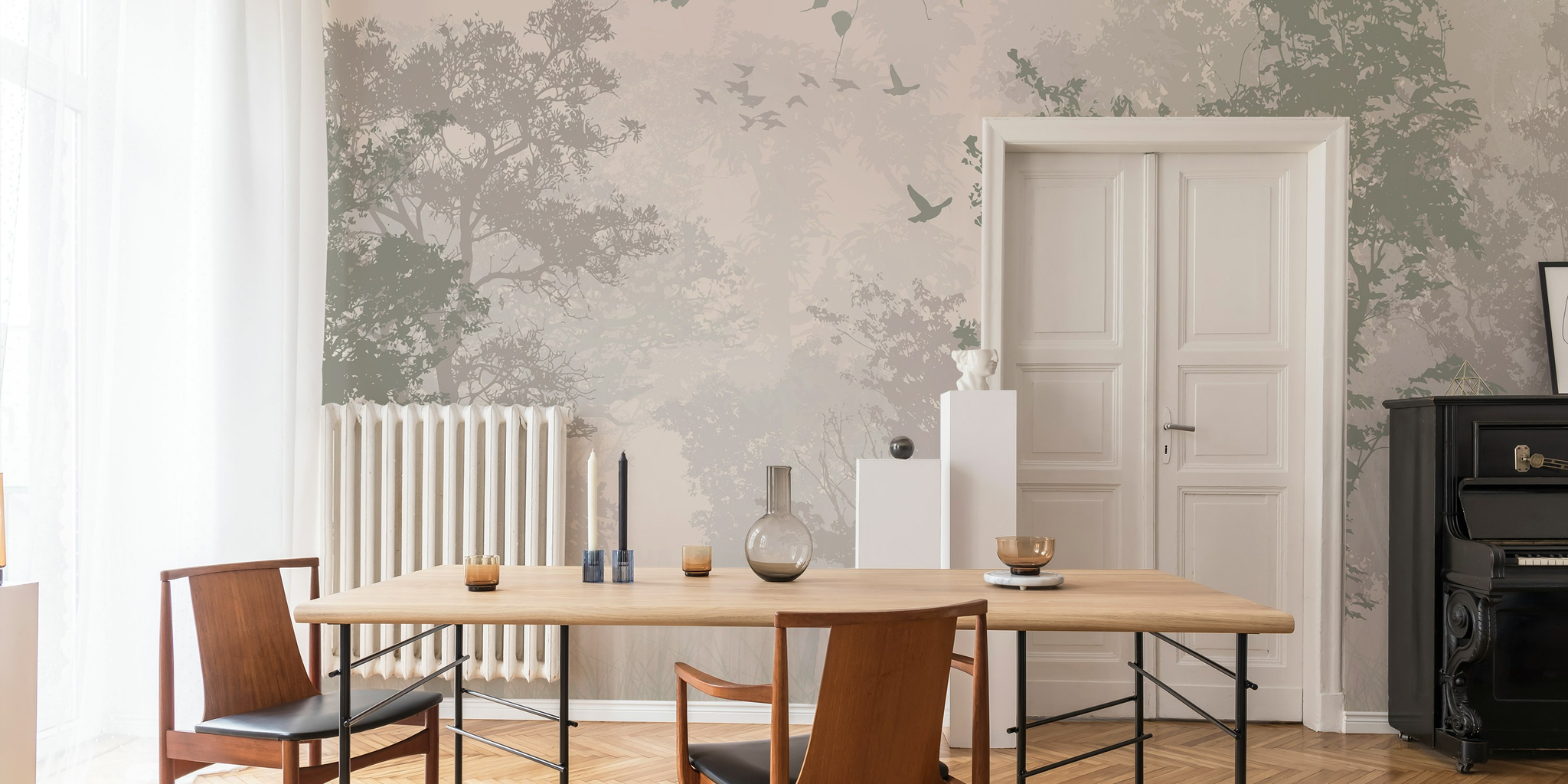 Misty Forest Wallpaper Tree Silhouettes Neutral Wall Mural