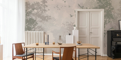 Misty Forest Wallpaper Tree Silhouettes Neutral Wall Mural