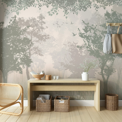 Misty Forest Wallpaper Tree Silhouettes Neutral Wall Mural