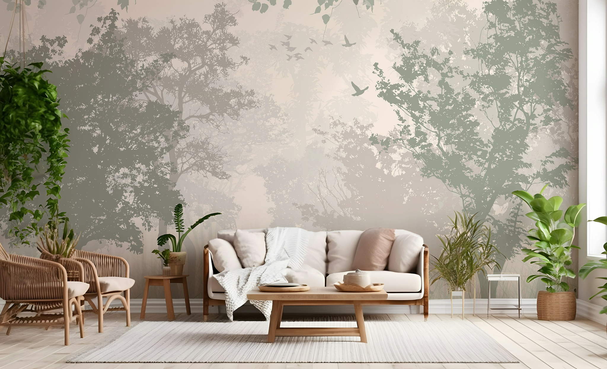 Misty Forest Wallpaper Tree Silhouettes Neutral Wall Mural
