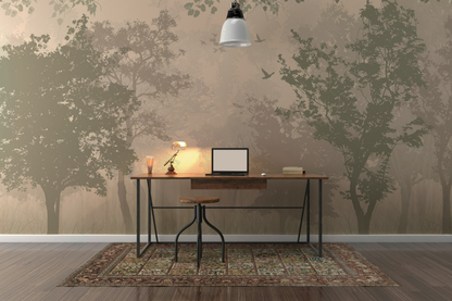 Misty Forest Wallpaper Tree Silhouettes Neutral Wall Mural