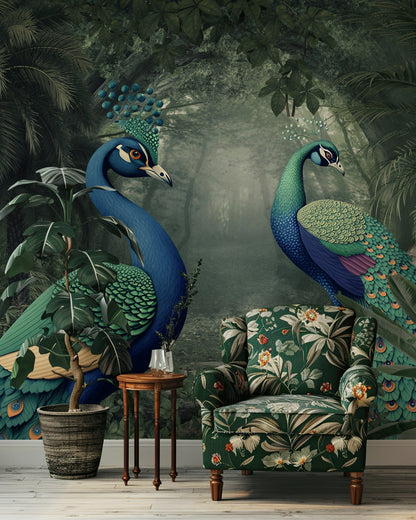 Colorful Peacock and Jungle Scene Wallpaper Mural