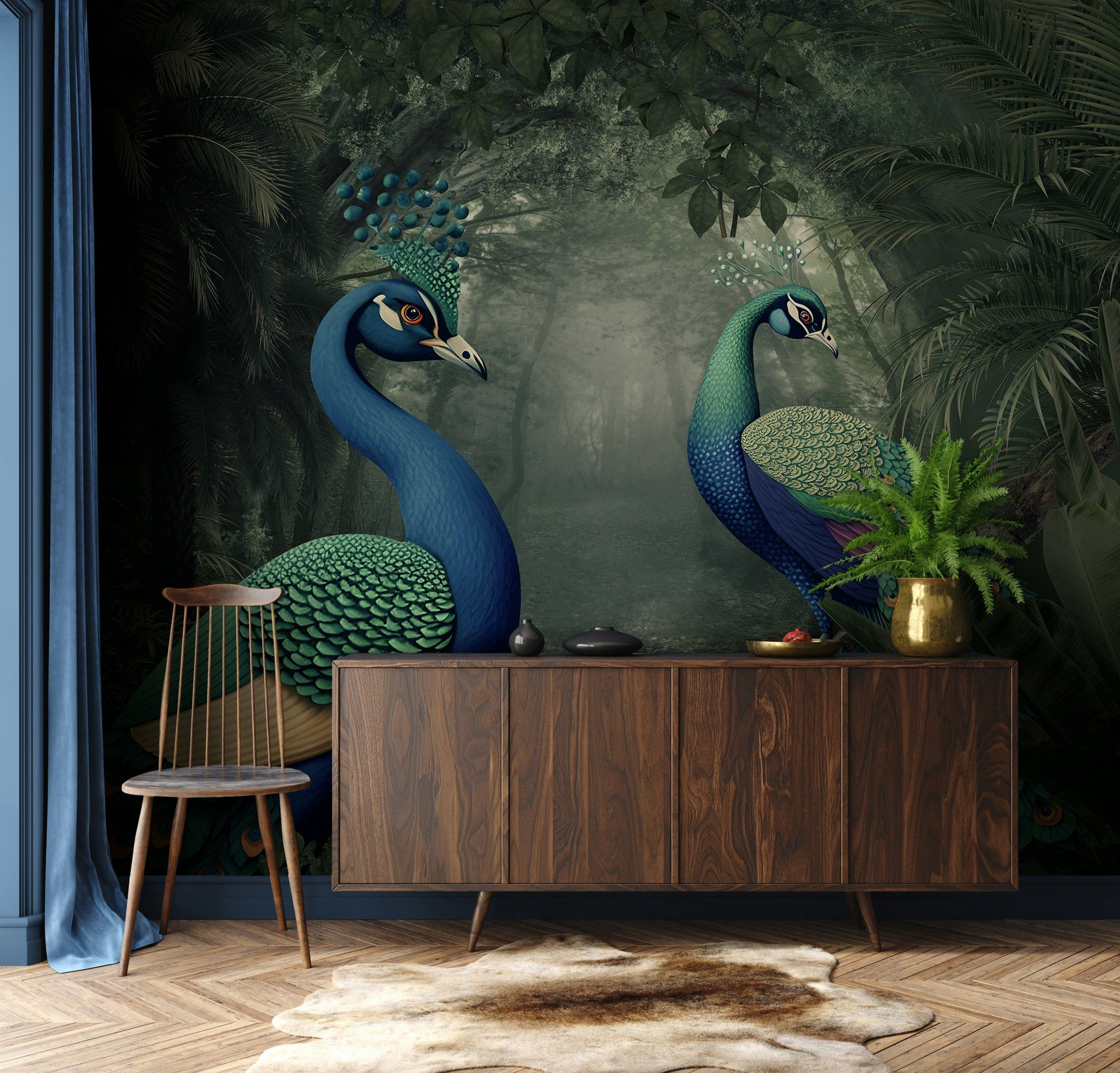 Colorful Peacock and Jungle Scene Wallpaper Mural