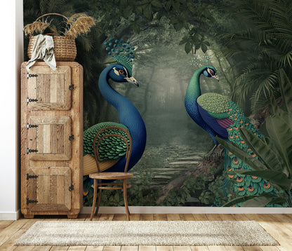 Colorful Peacock and Jungle Scene Wallpaper Mural