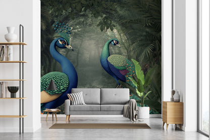 Colorful Peacock and Jungle Scene Wallpaper Mural