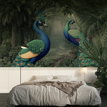 Colorful Peacock and Jungle Scene Wallpaper Mural