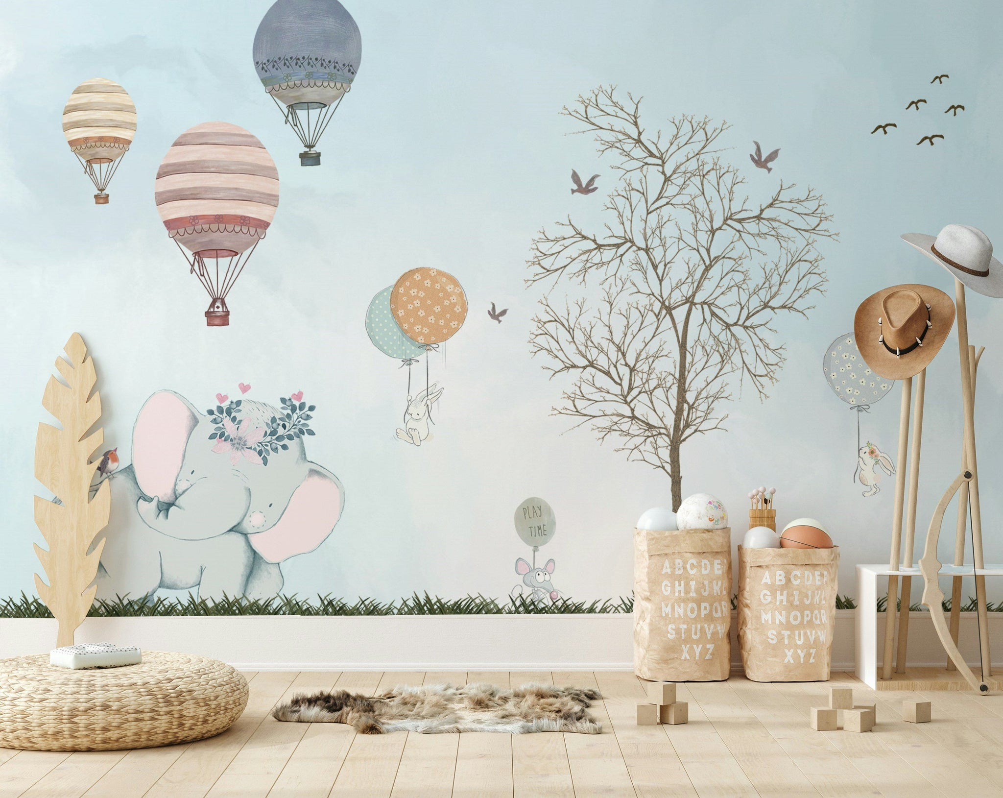 Soft Blue Whimsical Hot Air Balloon Kids Wall Mural