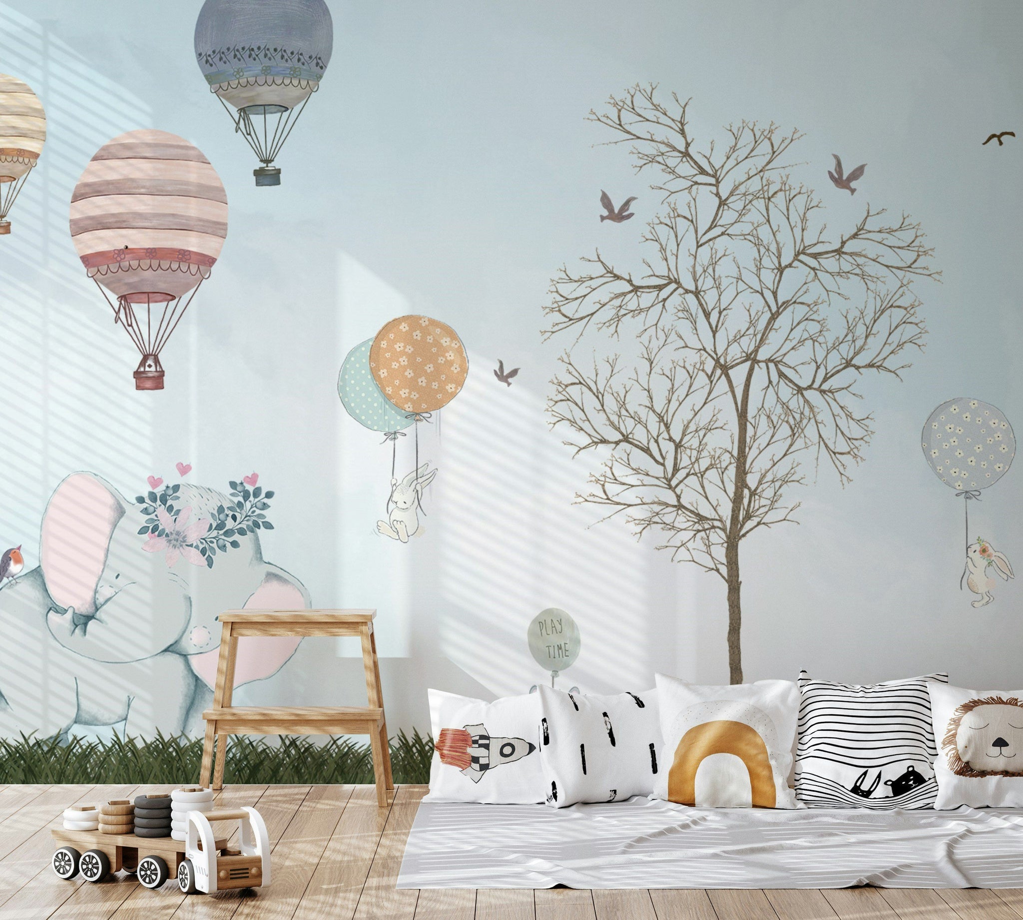 Soft Blue Whimsical Hot Air Balloon Kids Wall Mural