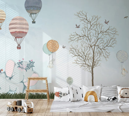 Soft Blue Whimsical Hot Air Balloon Kids Wall Mural