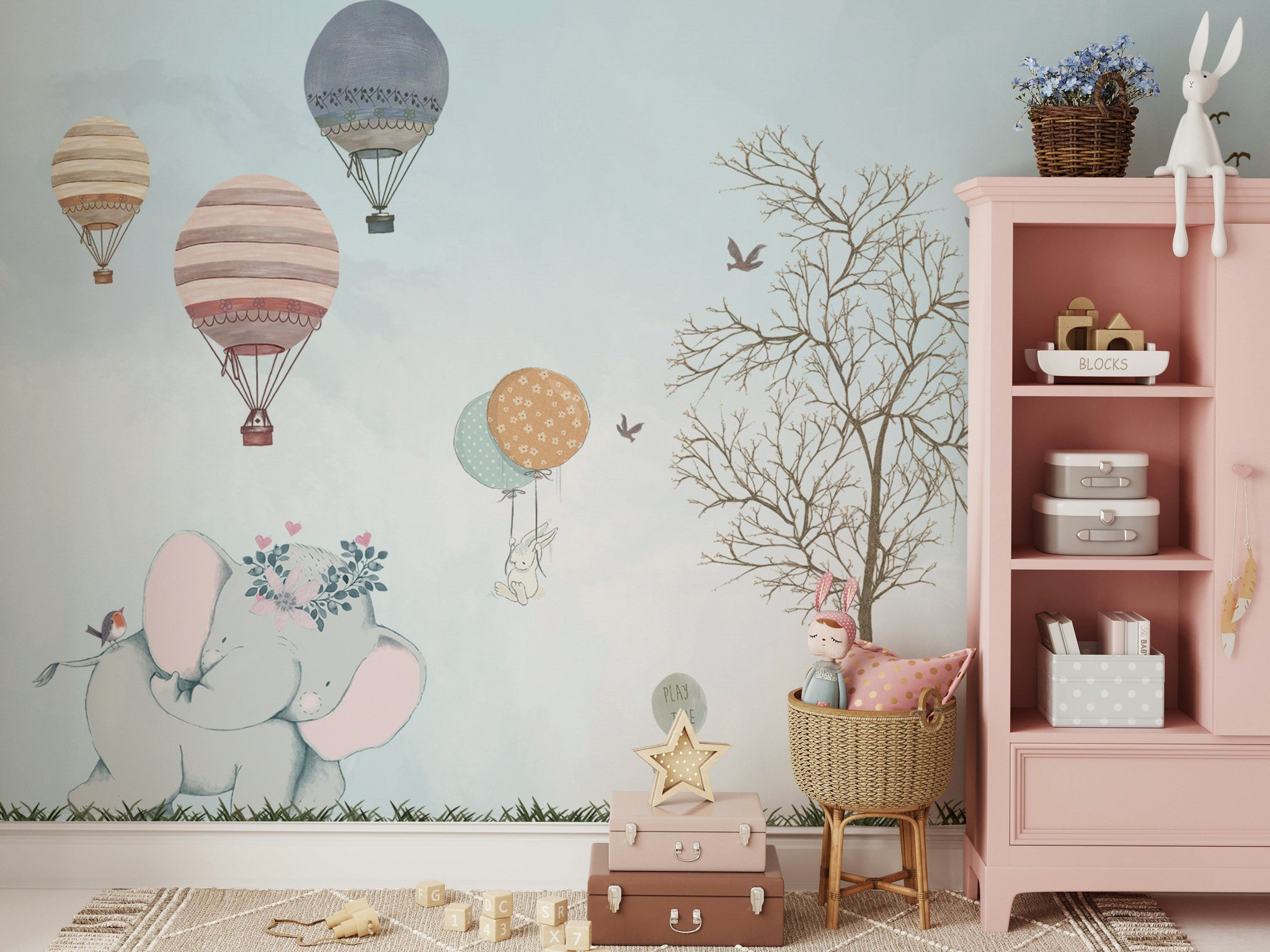 Soft Blue Whimsical Hot Air Balloon Kids Wall Mural