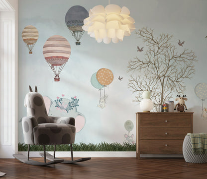 Soft Blue Whimsical Hot Air Balloon Kids Wall Mural