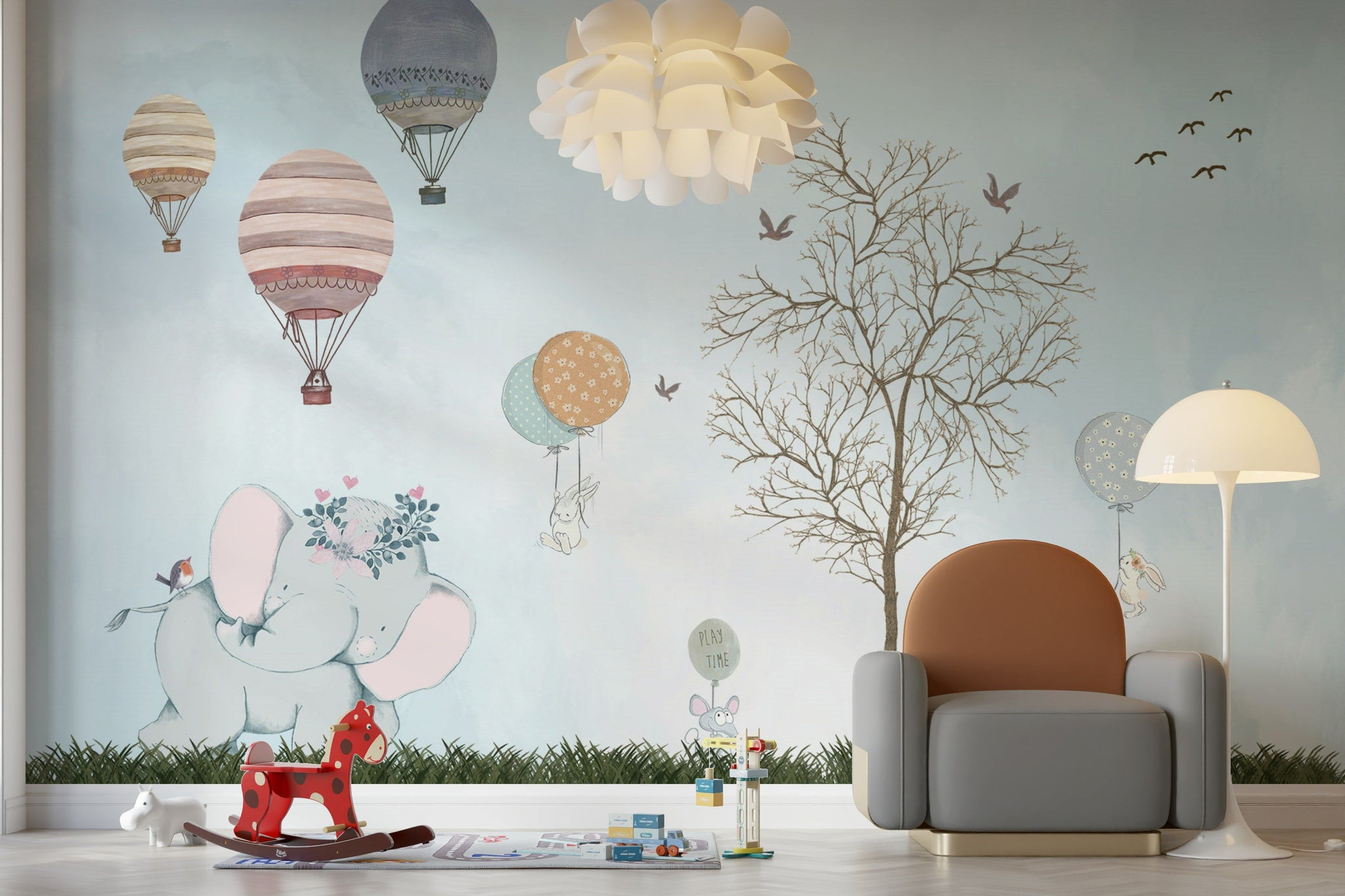 Soft Blue Whimsical Hot Air Balloon Kids Wall Mural