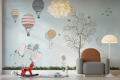 Soft Blue Whimsical Hot Air Balloon Kids Wall Mural