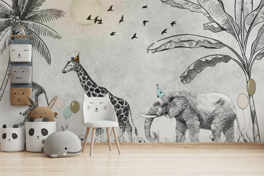 Safari Animals Sketch Wallpaper Jungle Wall Mural