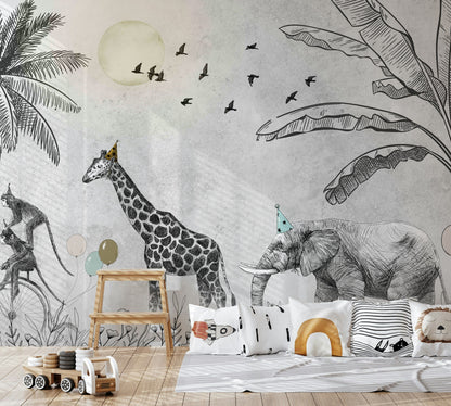 Safari Animals Sketch Wallpaper Jungle Wall Mural