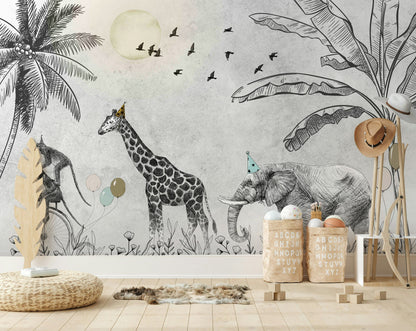 Safari Animals Sketch Wallpaper Jungle Wall Mural