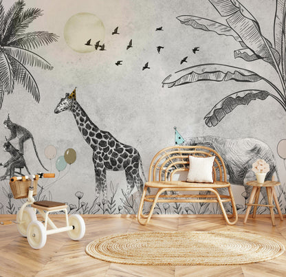 Safari Animals Sketch Wallpaper Jungle Wall Mural