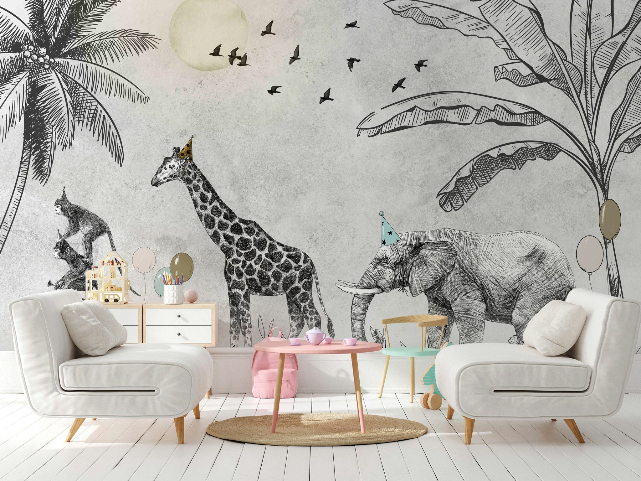 Safari Animals Sketch Wallpaper Jungle Wall Mural