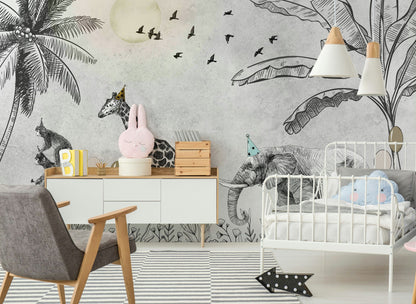 Safari Animals Sketch Wallpaper Jungle Wall Mural
