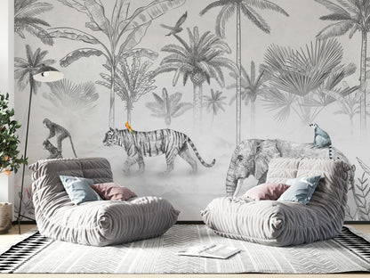 Exotic Jungle Animals Monochrome Wall Mural