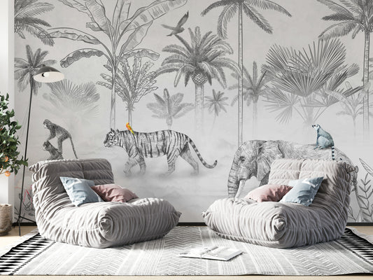 Exotic Jungle Animals Monochrome Wall Mural