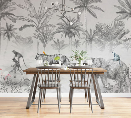 Exotic Jungle Animals Monochrome Wall Mural