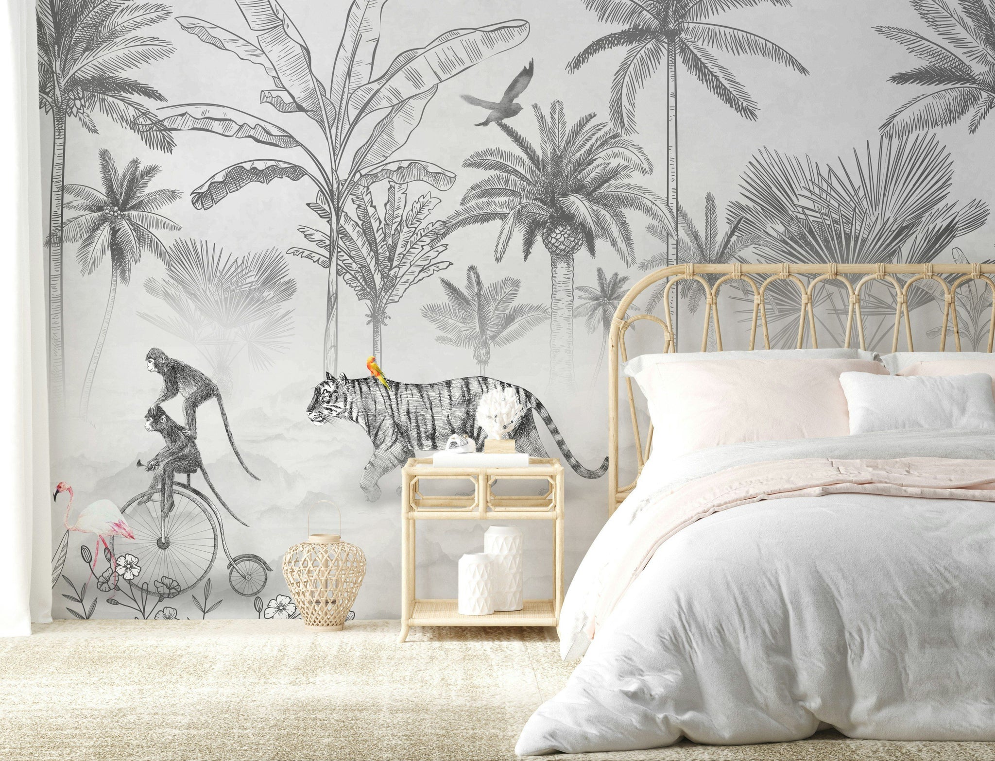 Exotic Jungle Animals Monochrome Wall Mural