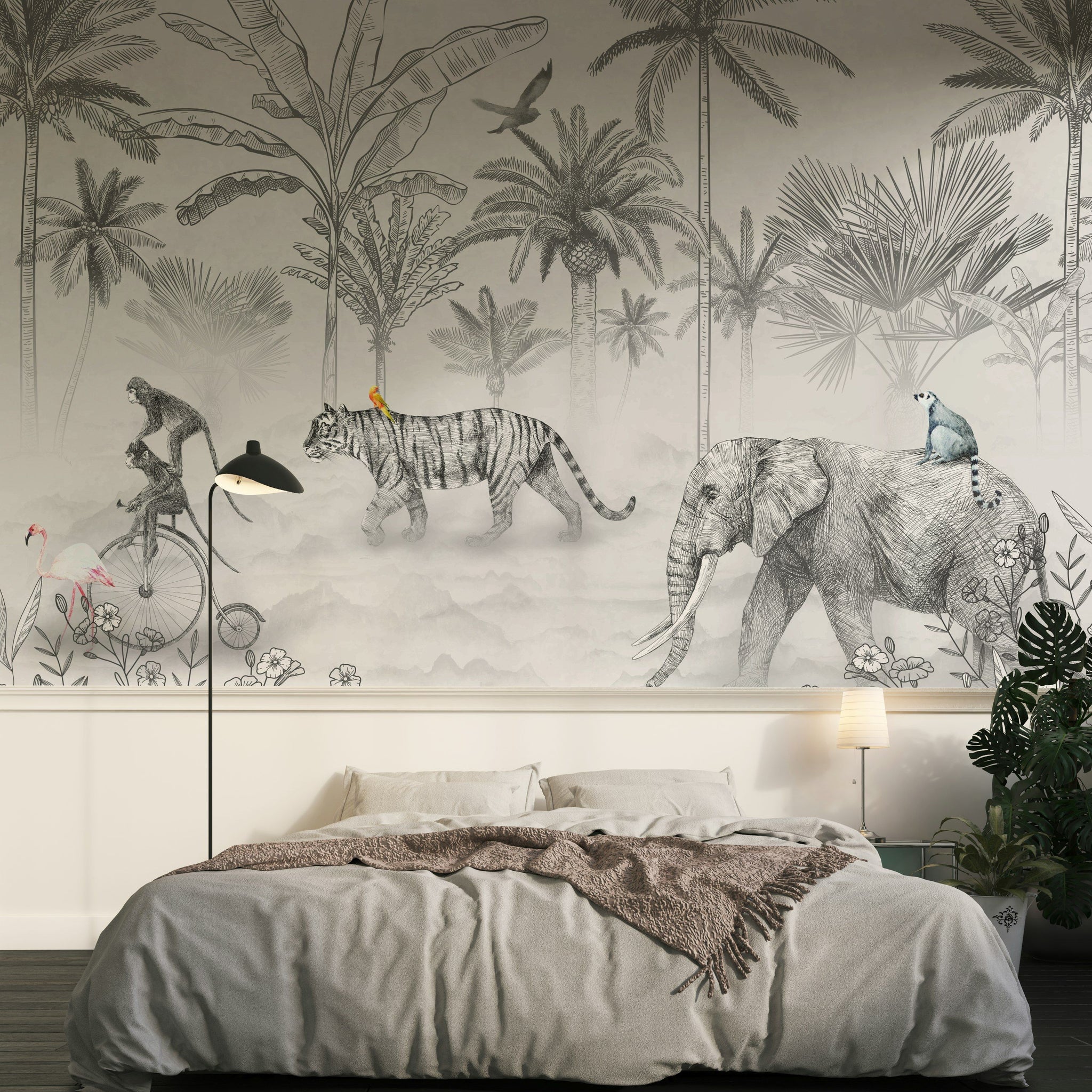 Exotic Jungle Animals Monochrome Wall Mural