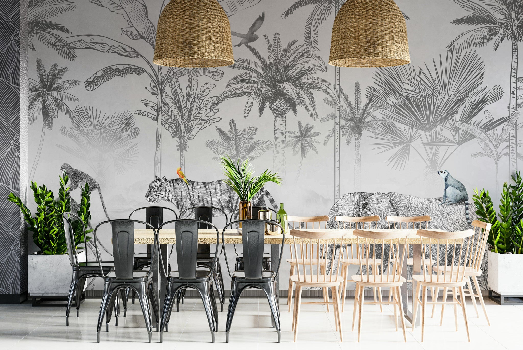 Exotic Jungle Animals Monochrome Wall Mural