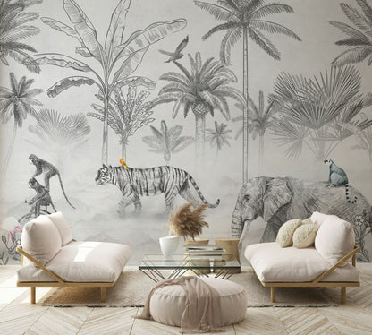 Exotic Jungle Animals Monochrome Wall Mural