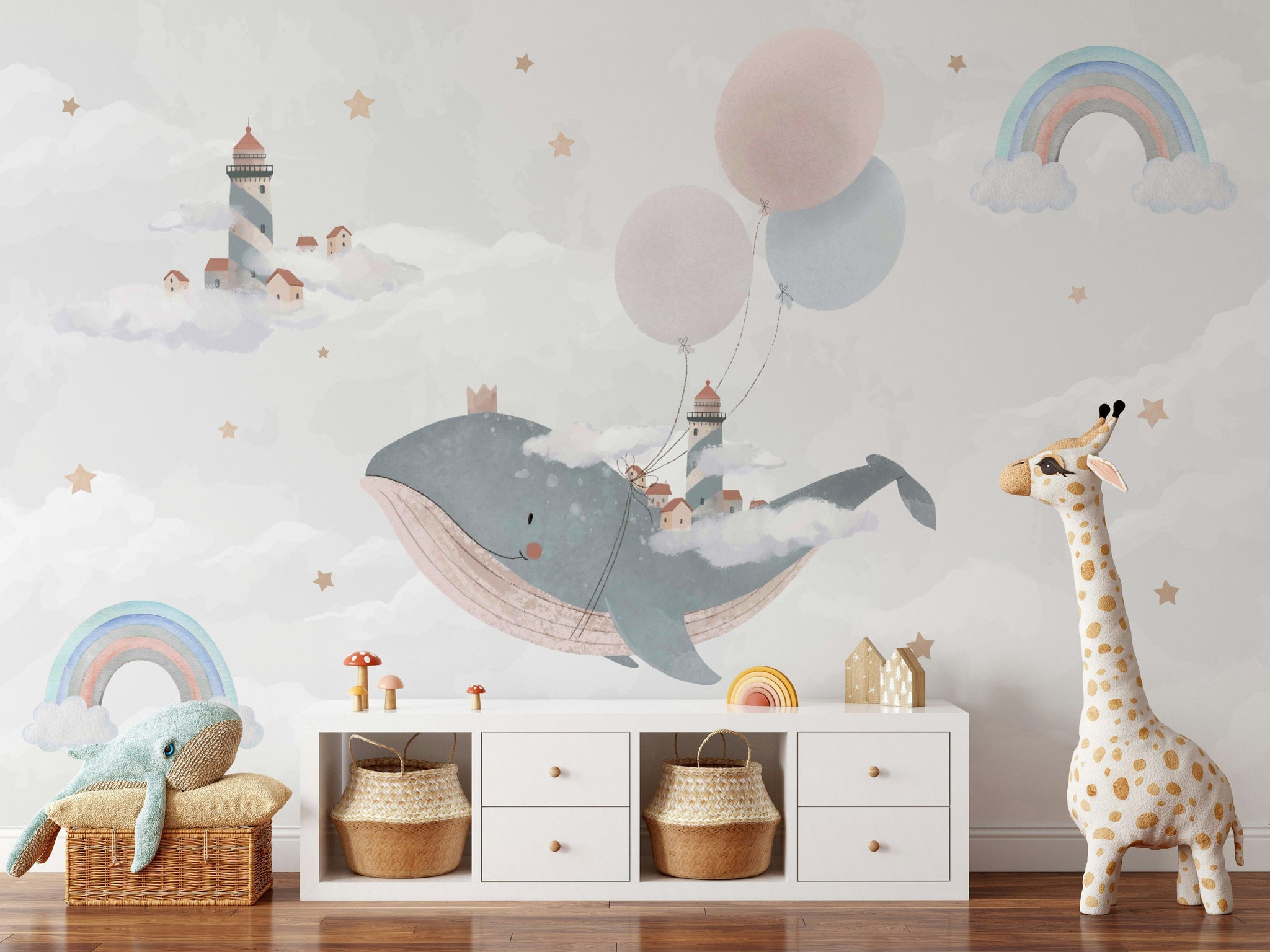 Whimsical Whale and Balloon Cloud Kids Mural