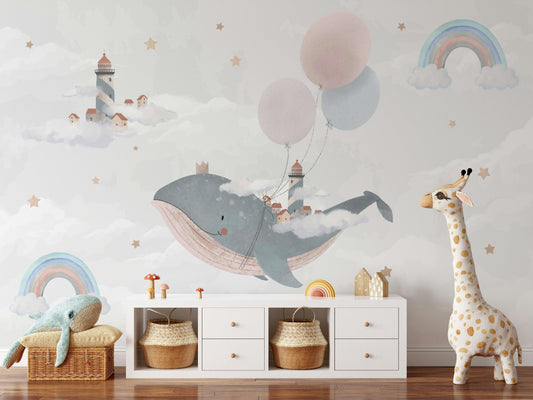 Whimsical Whale and Balloon Cloud Kids Mural
