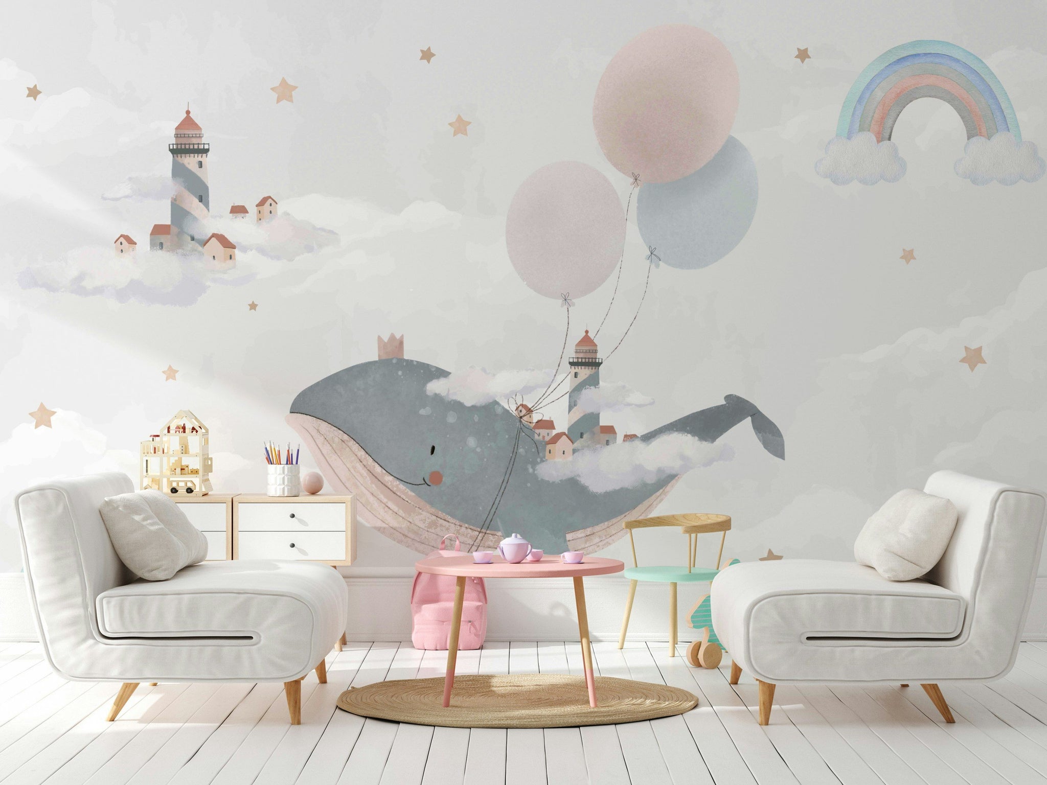 Whimsical Whale and Balloon Cloud Kids Mural