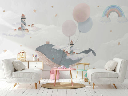 Whimsical Whale and Balloon Cloud Kids Mural