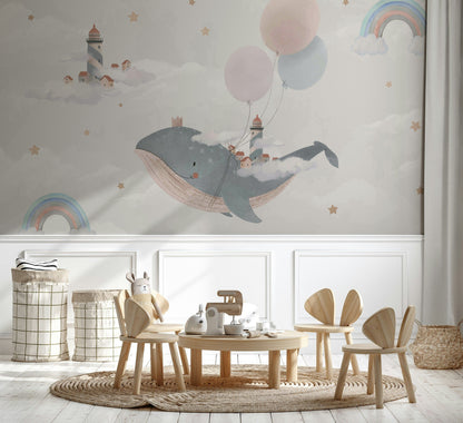 Whimsical Whale and Balloon Cloud Kids Mural