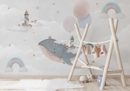 Whimsical Whale and Balloon Cloud Kids Mural