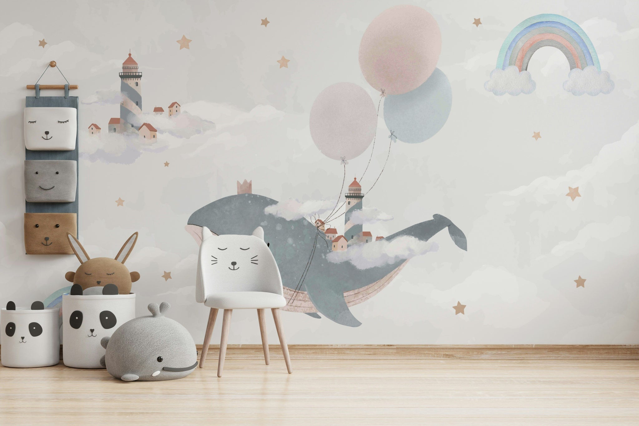 Whimsical Whale and Balloon Cloud Kids Mural