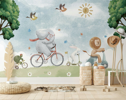 Animal Wallpaper Bicycle Scooter Nursery Wall Mural