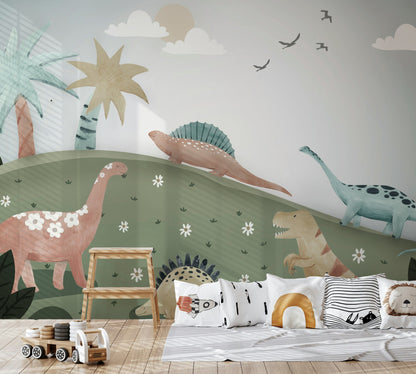 Whimsical Green Dinosaur Kids Wall Mural